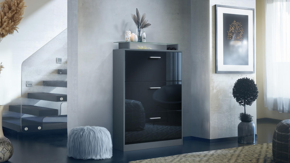 SCHUHSCHRANK Lavia Front in Schwarz Hochglanz - Schwarz Hochglanz, Holzwerkstoff (89/128/23cm) - Vladon