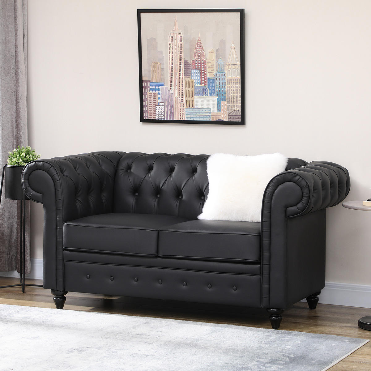 SOFA, 2-Sitzer, Chesterfield, PU-Leder, abnehmbares Kissen, schwarz, 160x84x80cm - Multicolor, Holzwerkstoff (160/80/84cm) - FORIOUS