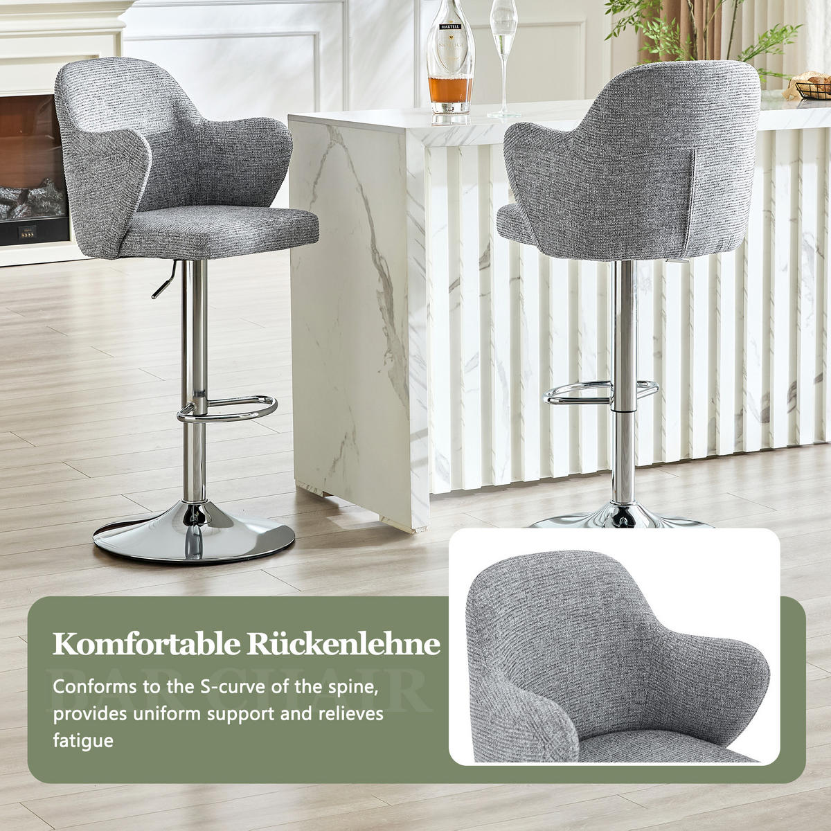 BARHOCKER 2er-Set Hellgrau mit Armlehnen drehbar und höhenverstellbar - Grau, Textil (45/118/37.6cm) - PANGIVO
