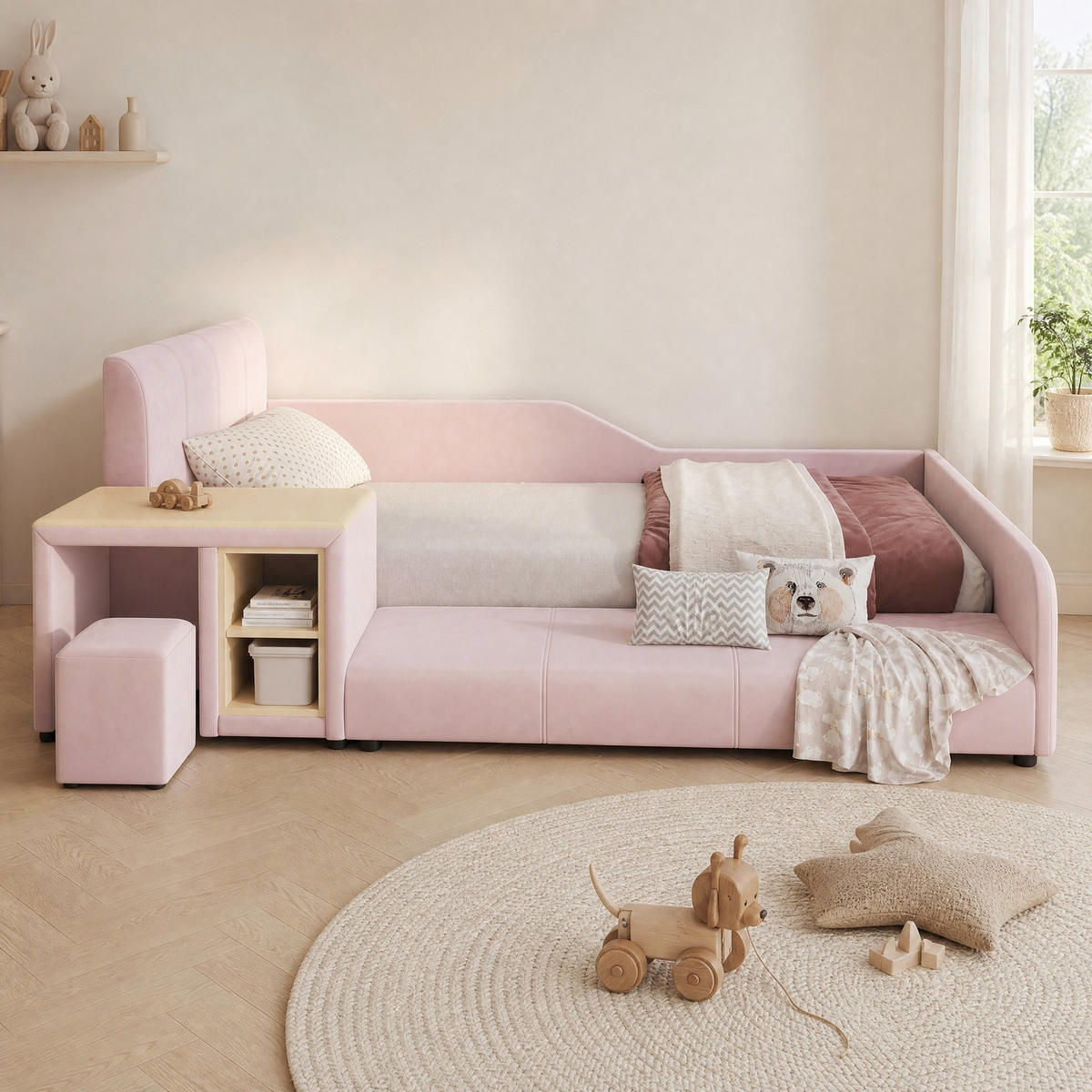BETT 90/200 cm in Pink mit Schreibtisch, Hocker und Ablageboden - Rosa, Textil (90/200cm) - Flora Grace