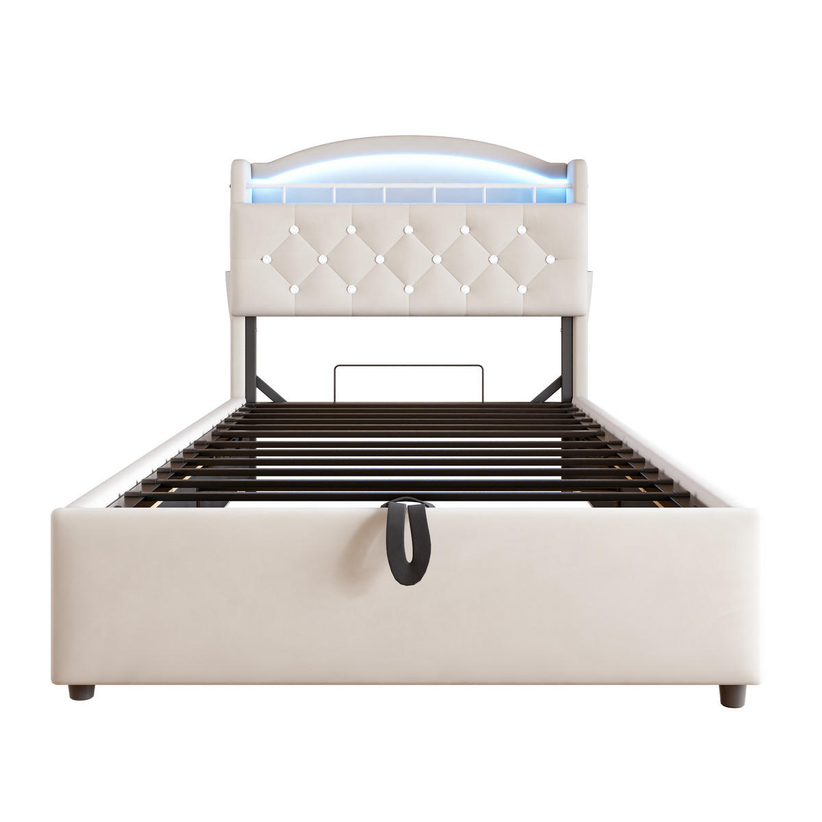 POLSTERBETT Kinder 90/200 cm Beige mit Stauraum, LED und USB-Anschlüssen - Beige, Textil (90/200cm) - OKWISH