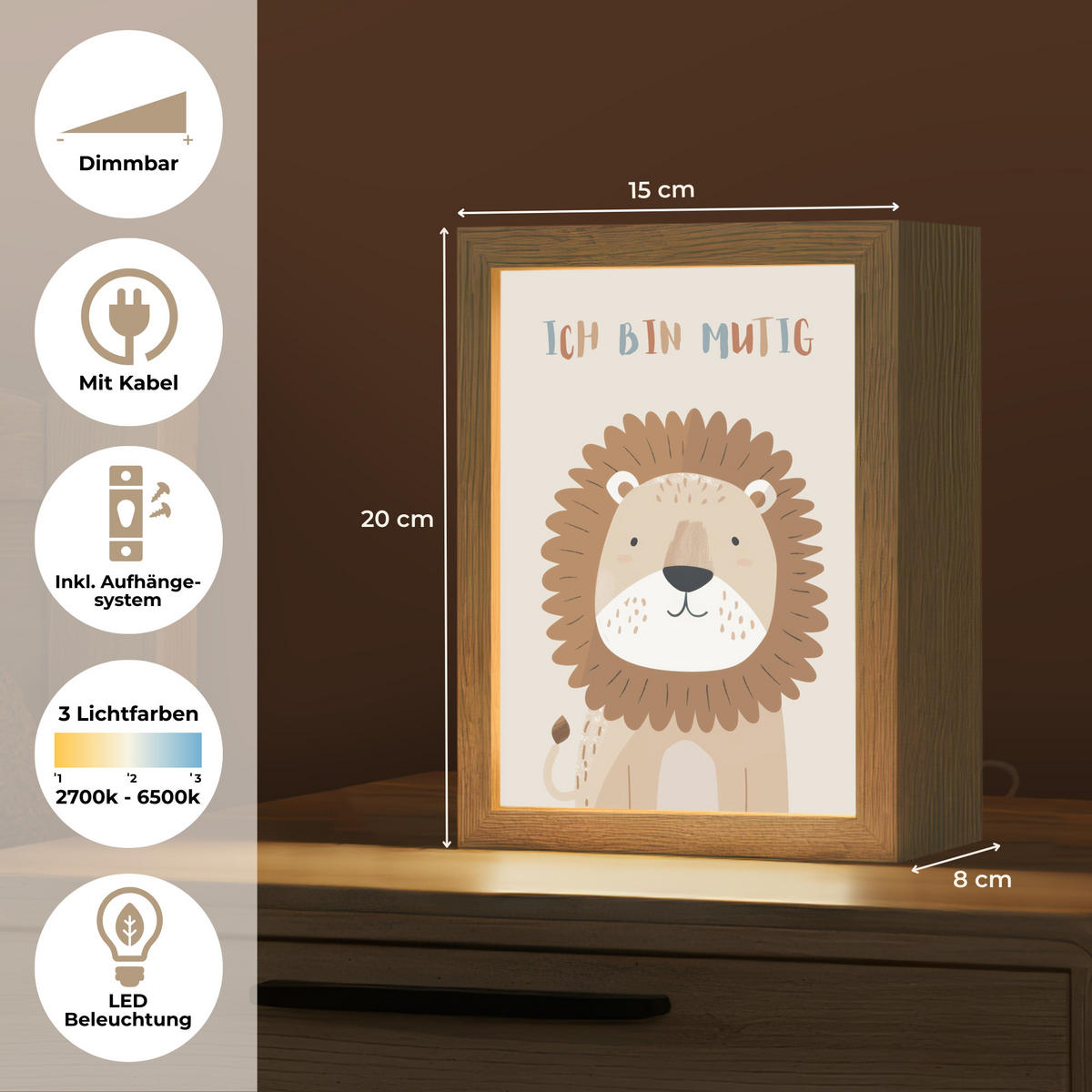 NACHTTISCHLAMPE Löwe - Beige - Tier - Mutig - Zitat 15x20 cm - Beige, Holzwerkstoff (8/15/20cm)