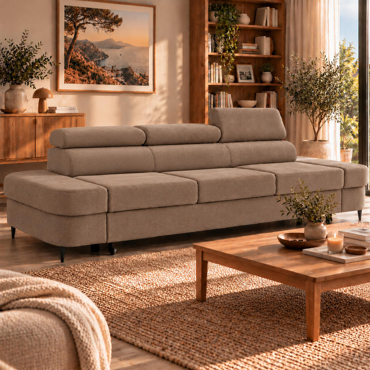 3-SITZER Sofa PRIAM mit Schlaffunktion 125x277 Velours Beige - Beige/Schwarz, Holz/Textil (278/95/102cm) - Muffo