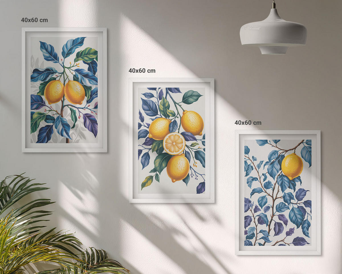 BILDER SET 3er Set - 40x60 cm Weißer Rahmen - Zitronenzweige mit blauen Blättern - Weiß, Kunststoff (40/60cm) - TULUP