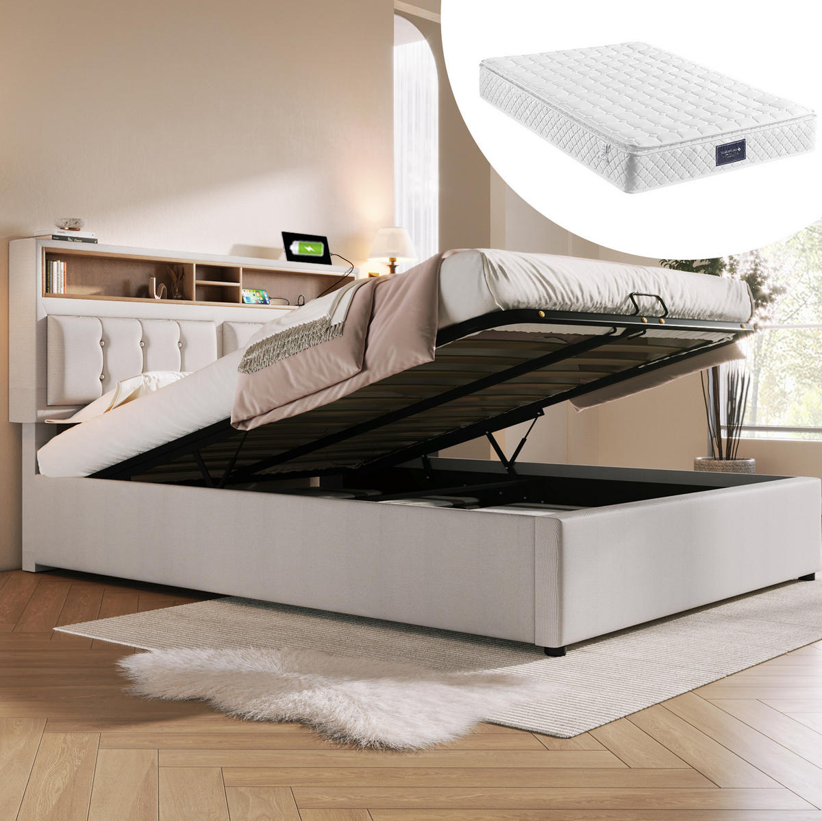 POLSTERBETT mit Stauraum und Matratze 140x200 cm Leinen Beige - Beige, Metall (140/200cm) - Beauniv