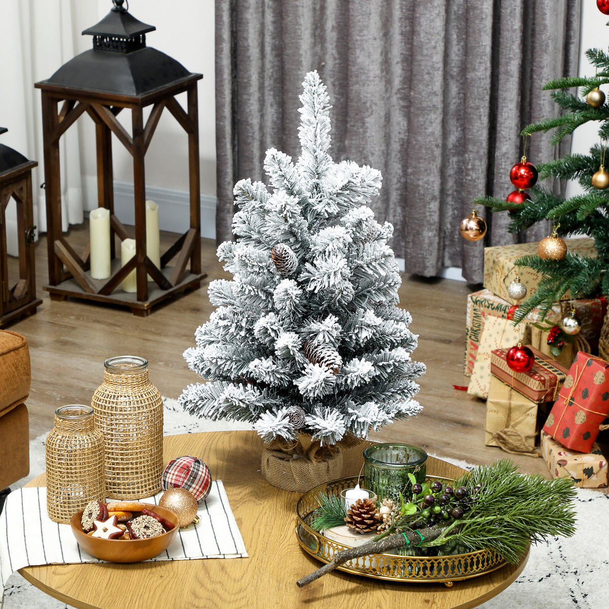 WEIHNACHTSBAUM DE-41557 Mini 60 cm, Schnee, 6 Zapfen - Weiß/Grün, Kunststoff (60cm) - ComfortXL
