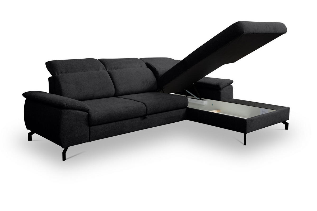 ECKSOFA MALIBU mit Schlaffunktion und Bettkasten, Farbe: Schwarz, Velourstoff, Ottomane Rechts - Schwarz, Textil (276/184cm) - VENASI MÖBEL