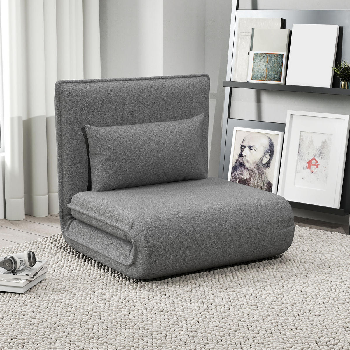 BODENSOFA 3-in-1 Klappbar Schlafsofa, Gepolstert Sofabett mit Schlaffunktion - Dunkelgrau, Textil/Metall (81/68/75cm) - HOMCOM
