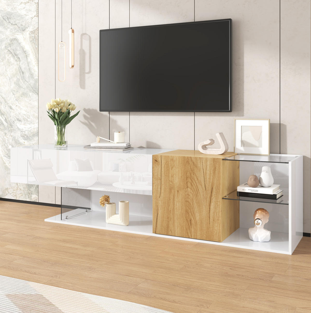 TV-KOMMODE in Hochglanz Weiß mit Holzoptik und Glasregalen 180/38/48 cm - Weiß, Holzwerkstoff (180/48/38cm) - Redom