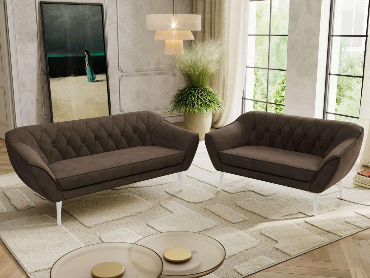 SEDACÍ SOUPRAVA 3+2 PIRS - Hnědá Samet - Bílé nohy - bílá/tmavě hnědá, kompozitní dřevo/textil (180/75/74cm) - MKS