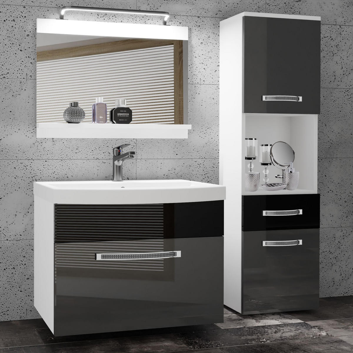 BADMÖBEL Badezimmer Silber Schwarz Glänzend - Silberfarben/Schwarz, Holz (100/113/40cm) - B BELINI GROUP