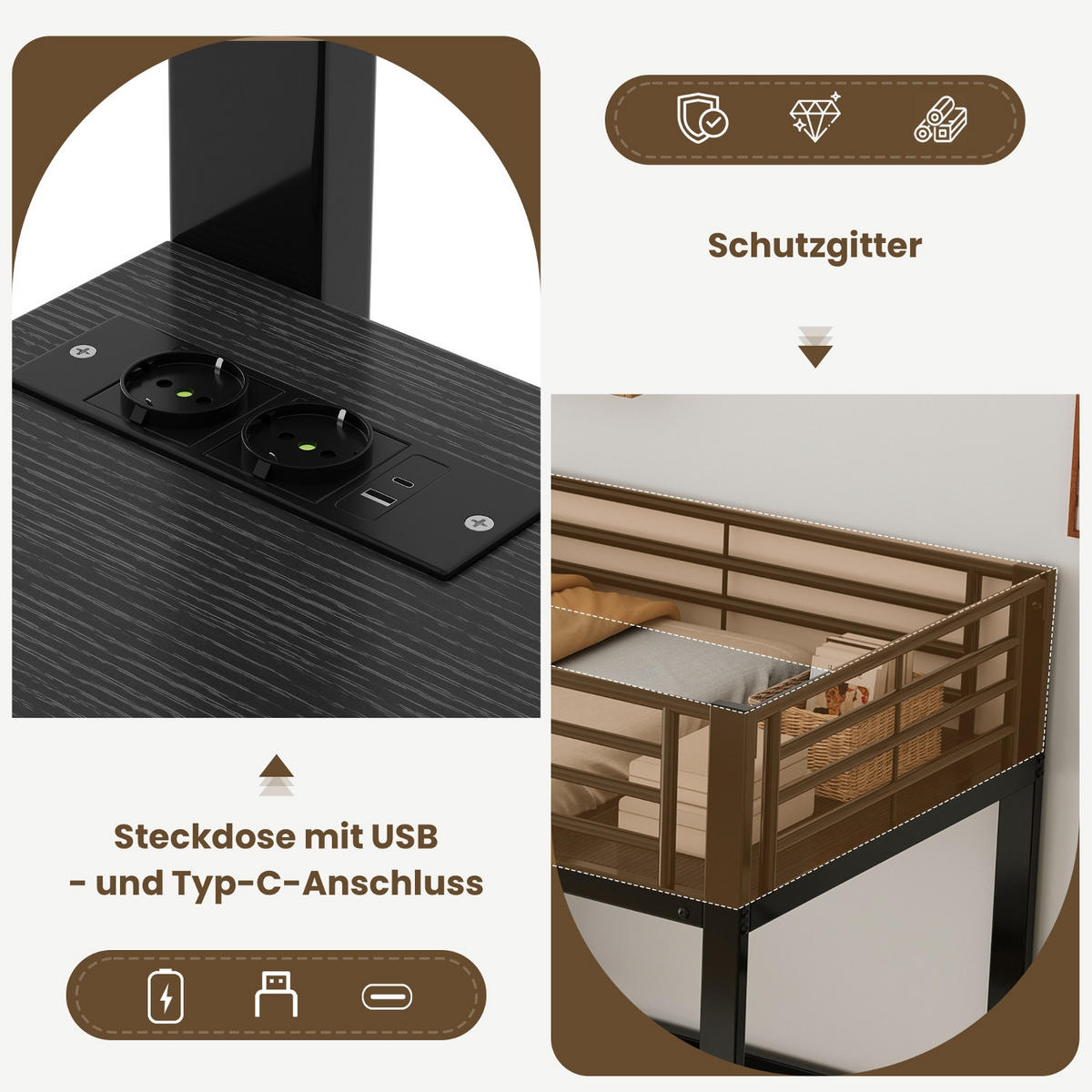 ETAGENBETT 90/200 cm Schwarz mit Schreibtisch, Kleideraufbewahrung, USB- und Type-C-Schnittstelle - Schwarz, Metall (90/200cm) - Oxeza