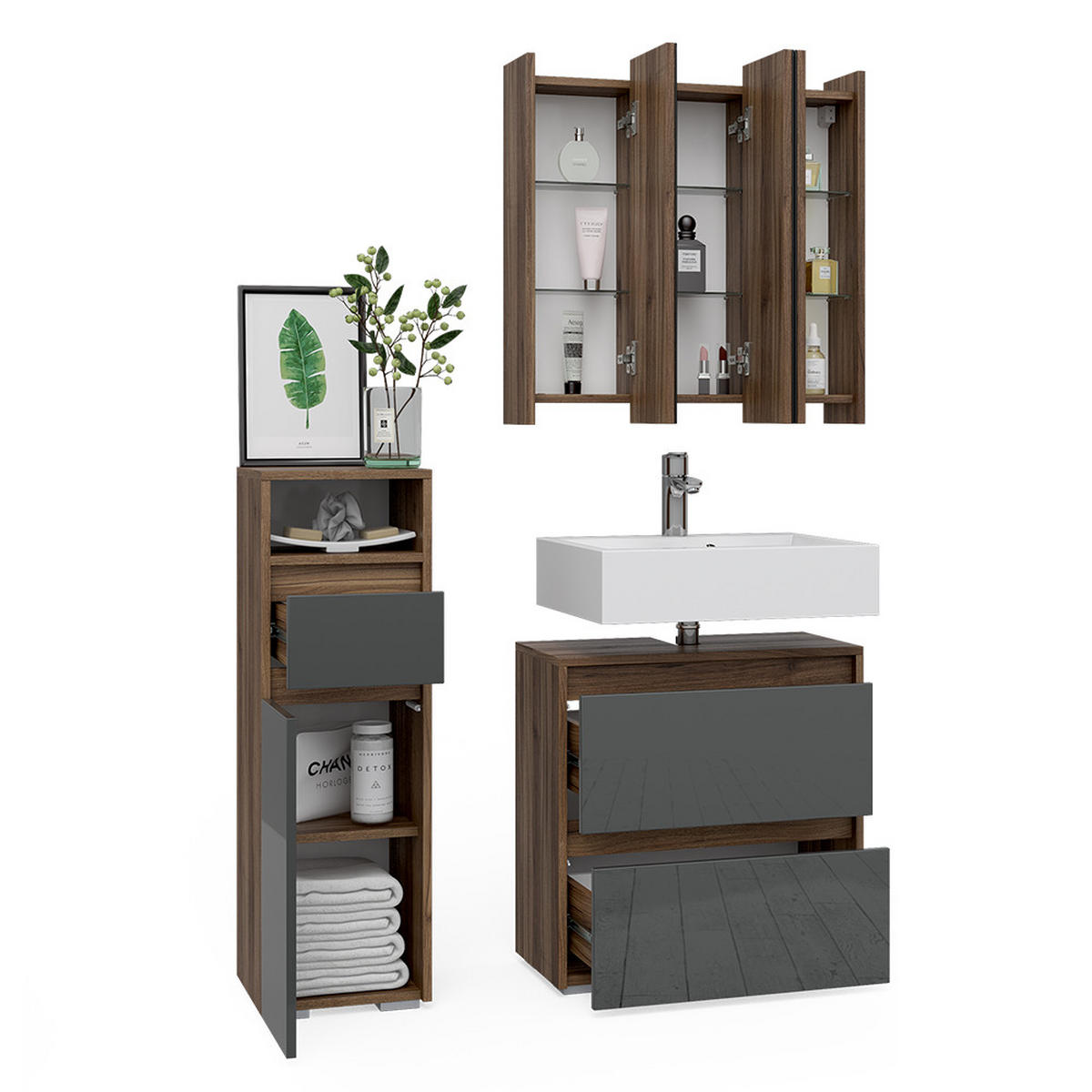 BADMÖBEL-SET Majest Anthrazit 3 Teile - Anthrazit/Walnussfarben, Holzwerkstoff (60/62/30cm) - Vicco