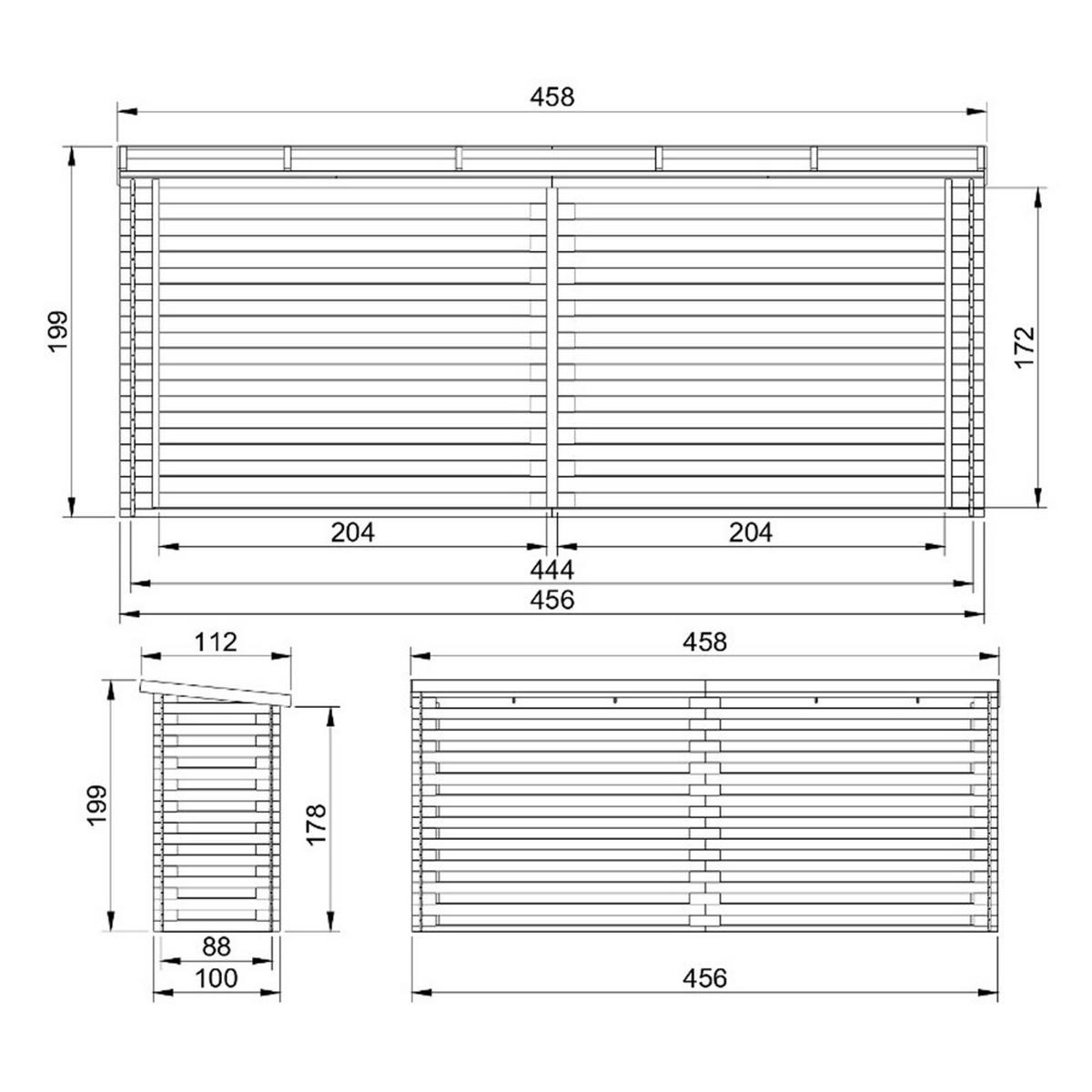 KAMINHOLZREGAL aus Holz 3,91 m², langes Brennholzregal mit Pultdach, ca. 6,95 m³ Brennholzkapazität, 458 x 112 x 199 cm (B x T x H) - Naturfarben, Holz (458/199/112cm) - Timbela