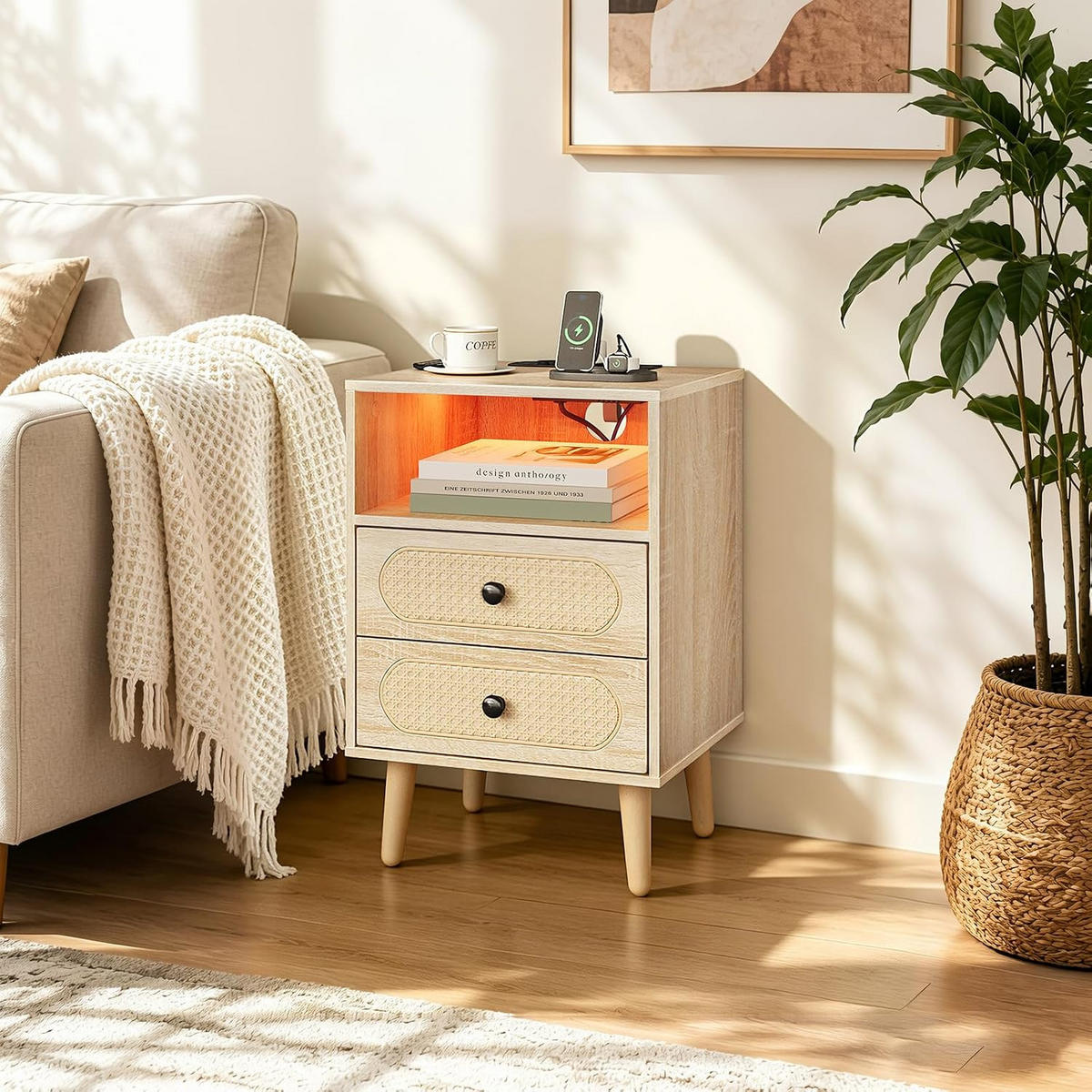 NACHTSCHRANK 35/40/60 cm, Ladefunktion & LED, Eiche - Eichefarben, Holzwerkstoff (45/60/35cm) - Woltu