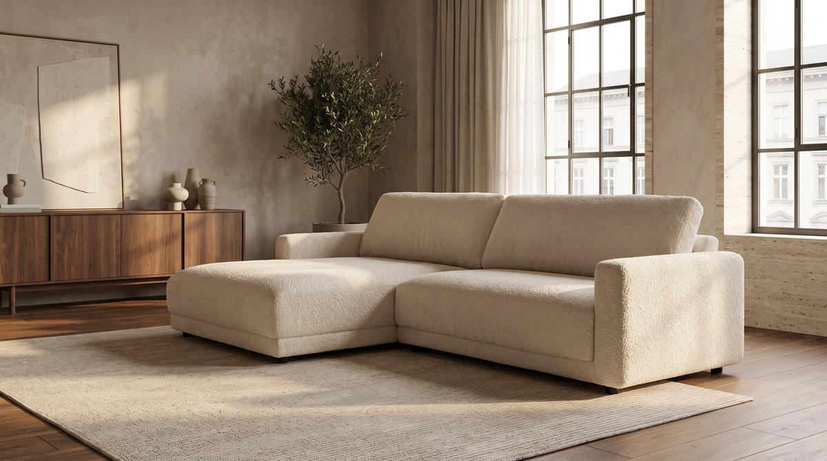 ECKSOFA MARLIN Beige Bouclé - Beige/Schwarz, Kunststoff/Textil (262/168cm) - KAWOLA