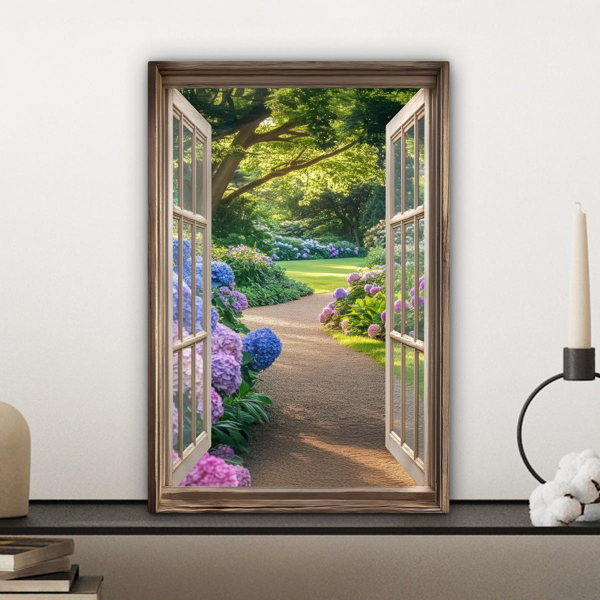 LEINWANDBILD Aussicht - Garten - Fenster - Hortensie - Blumen Deko Wohnzimmer 20x30 cm - Pastellblau, Textil (20/30cm) - MuchoWow