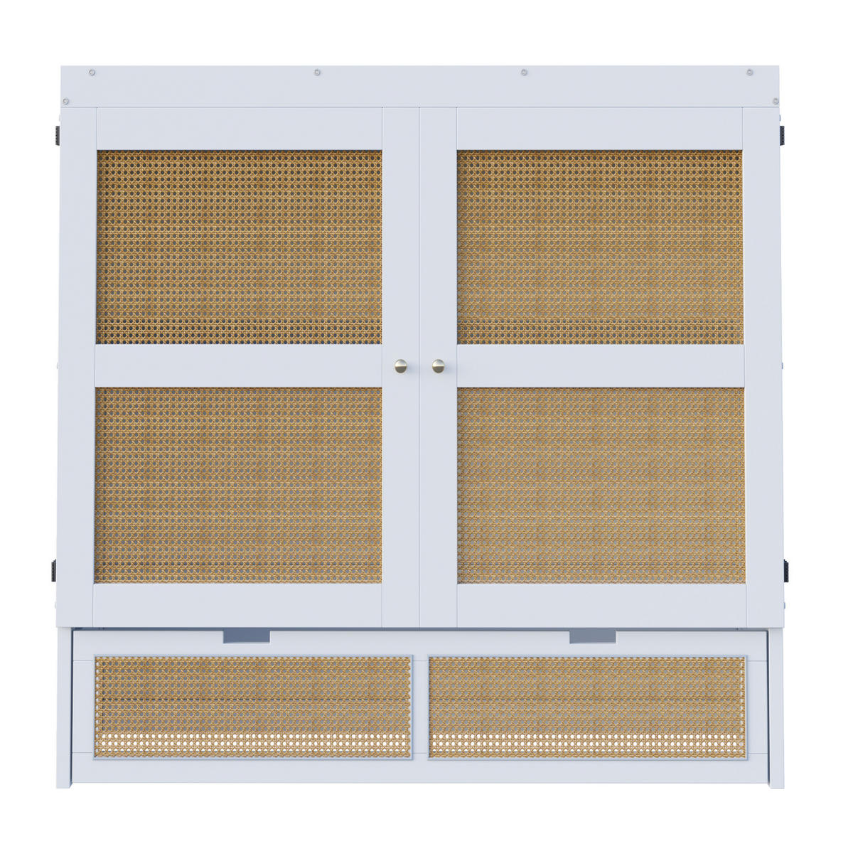 SCHRANKBETT aus Kiefer, Sperrholz und MDF 140x200 cm Weiß mit Lattenrost, Schubladen und Rattan-Design - Weiß, Holzwerkstoff (140/200cm) - Modfu
