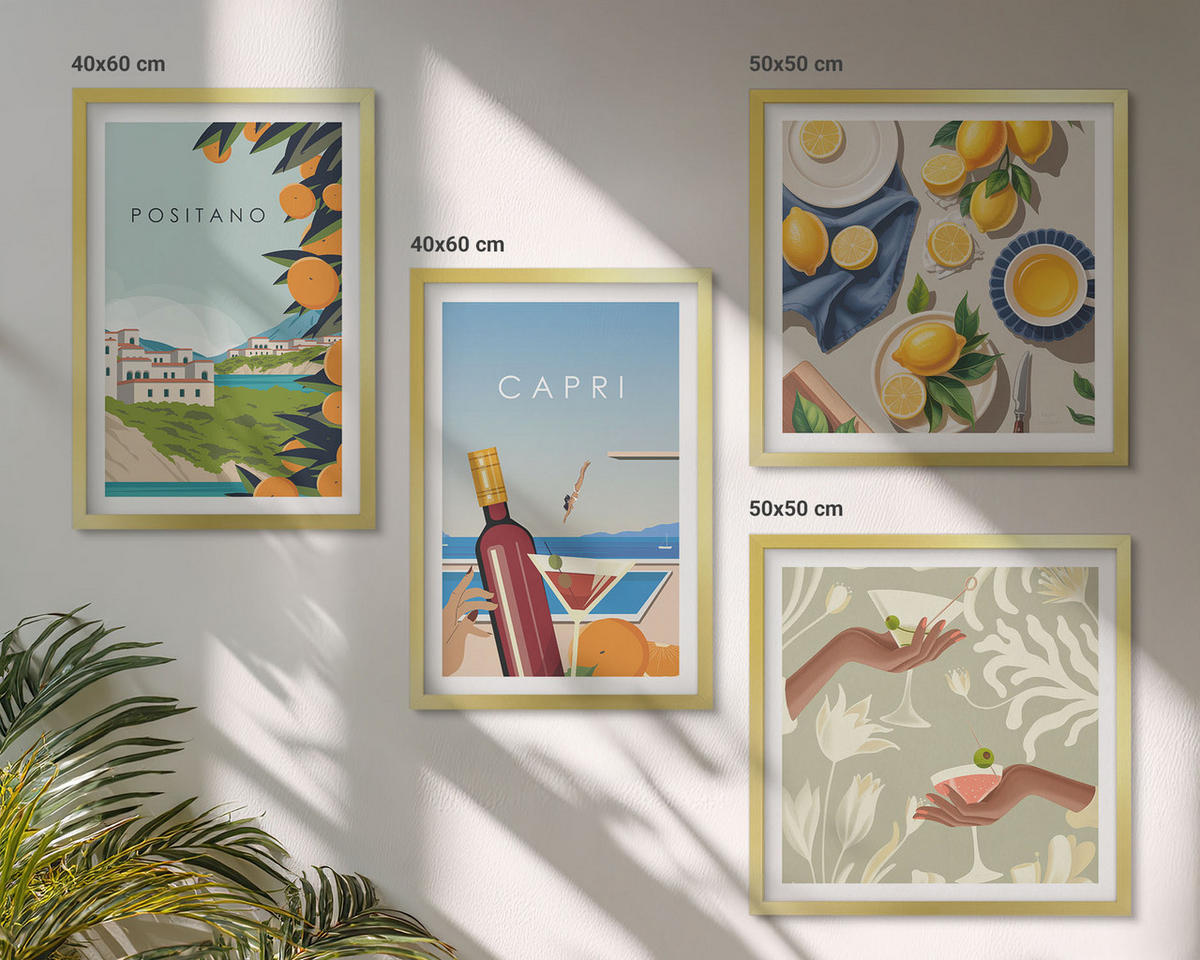 BILDER SET 4er Set - 50x50 cm & 40x60 cm Goldrahmen - Italienische Zitronenurlaube Capri - Goldfarben, Kunststoff (50/50cm) - TULUP