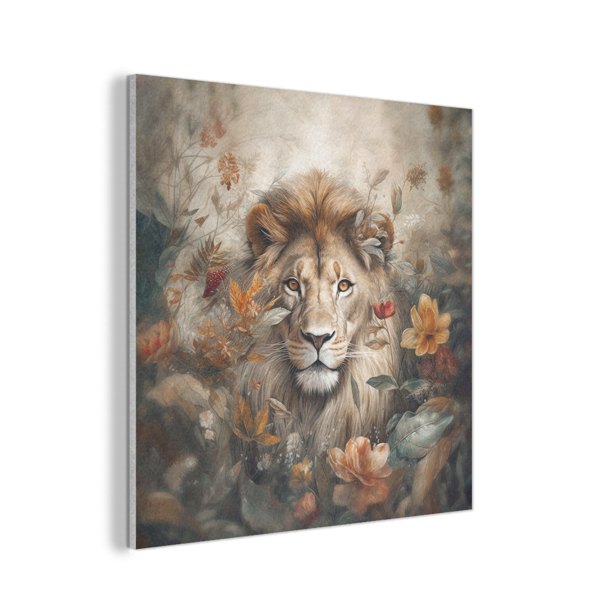 AKUSTIKPANEEL Löwe - Wildtiere - Pflanzen - Natur - Blumen 90x90 cm - Beige, Textil (90/0.9/90cm) - MuchoWow