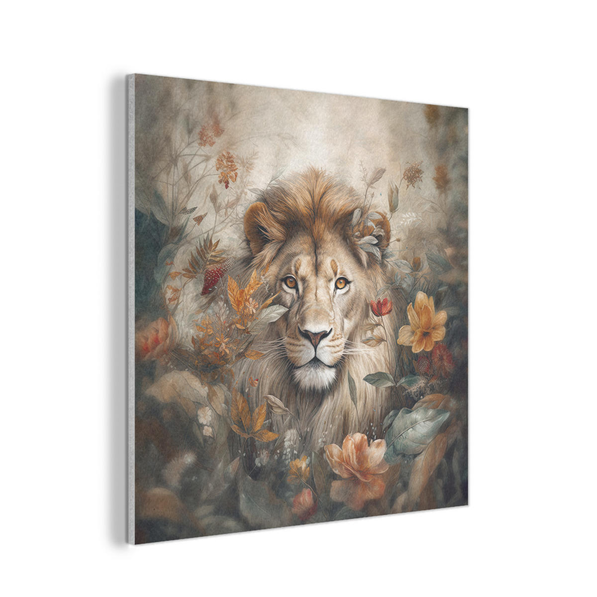 AKUSTIKPANEEL Löwe - Wildtiere - Pflanzen - Natur - Blumen 90x90 cm - Beige, Textil (90/0.9/90cm) - MuchoWow