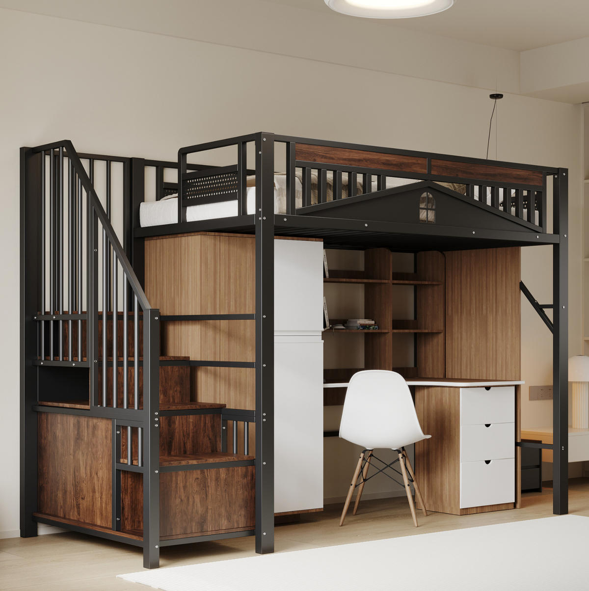 HOCHBETT 90/200 cm aus Metall/Holz mit Stauraumtreppe und Fensterzaun Schwarz - Schwarz, Metall (90/200cm) - Modenvie