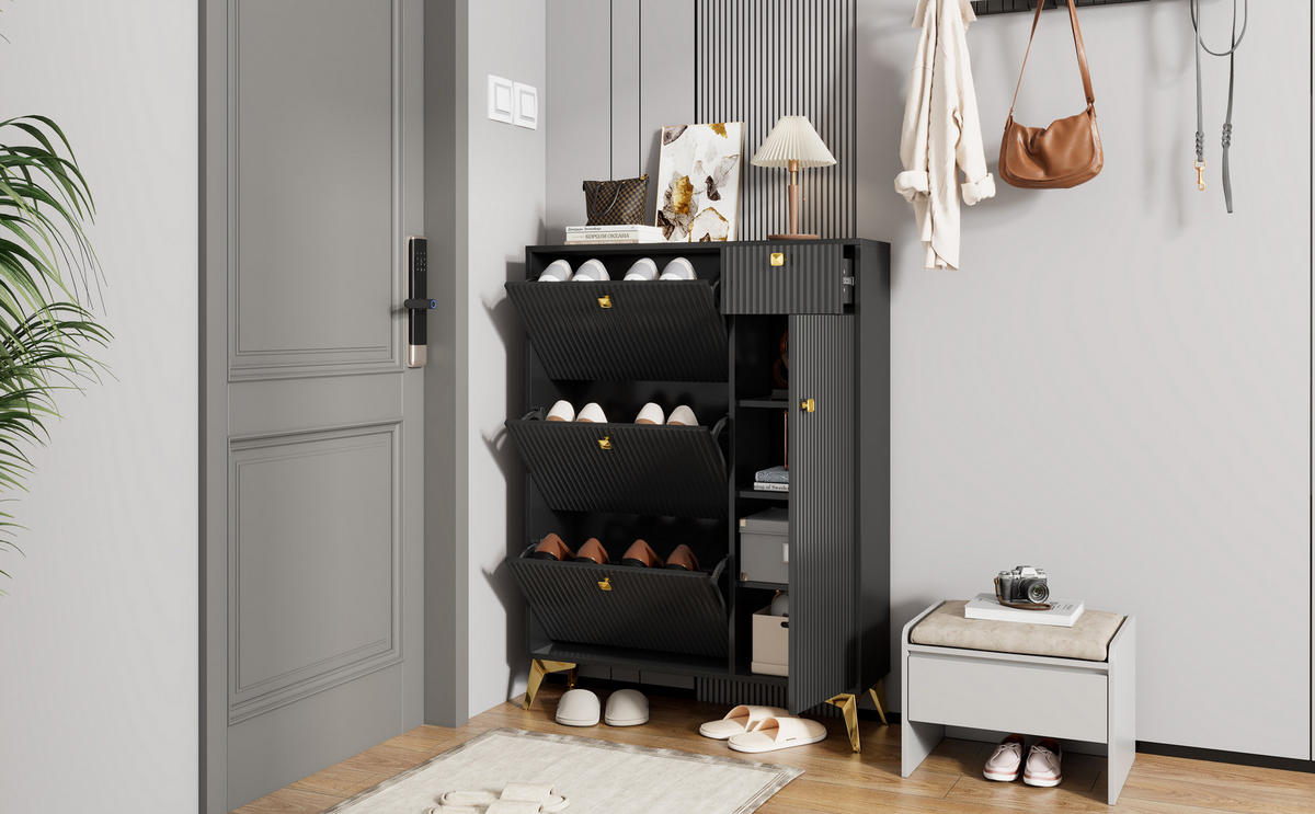 HIGHBOARD mit Rillenfront & goldenen Akzenten - Schwarz, Holzwerkstoff (90/121/25cm) - Urban Meuble