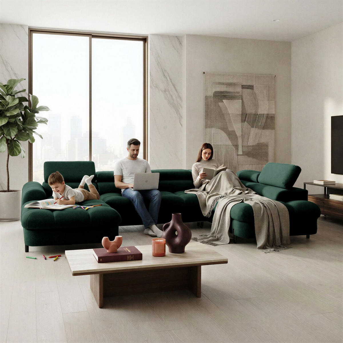 ECKSOFA U-Form BOWL U Rechts mit Schlaffunktion 125x265 Velours Grün - Schwarz/Grün, Holz/Textil (195/90/339cm) - Muffo