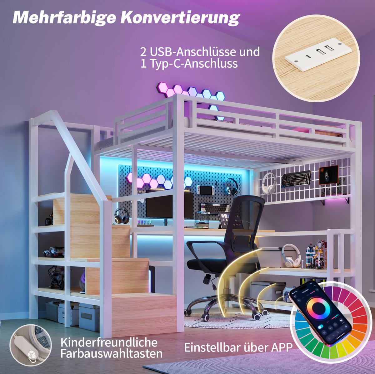 HOCHBETT 140/200 cm in Weiß mit Schreibtisch, LED-Beleuchtung und Stauraum - Weiß, Metall (140/200cm) - Flora Grace
