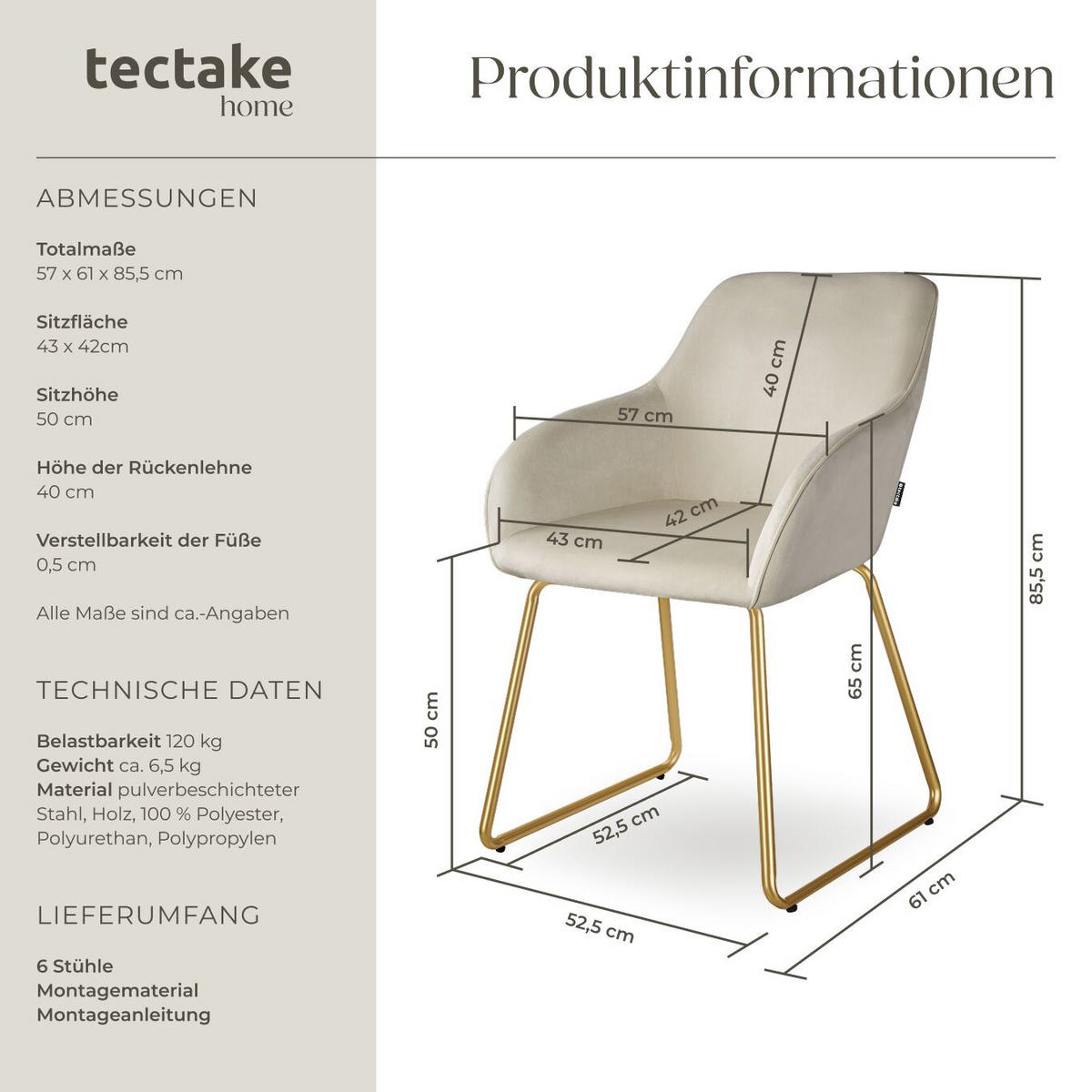 ESSZIMMERSTUHL Jeane,57 x 61 x 85,5 cm, Belastbarkeit 120 kg,Samtoptik creme/gold - Goldfarben/Samtahornfarben, Kunststoff (57/85.5/61cm) - tectake