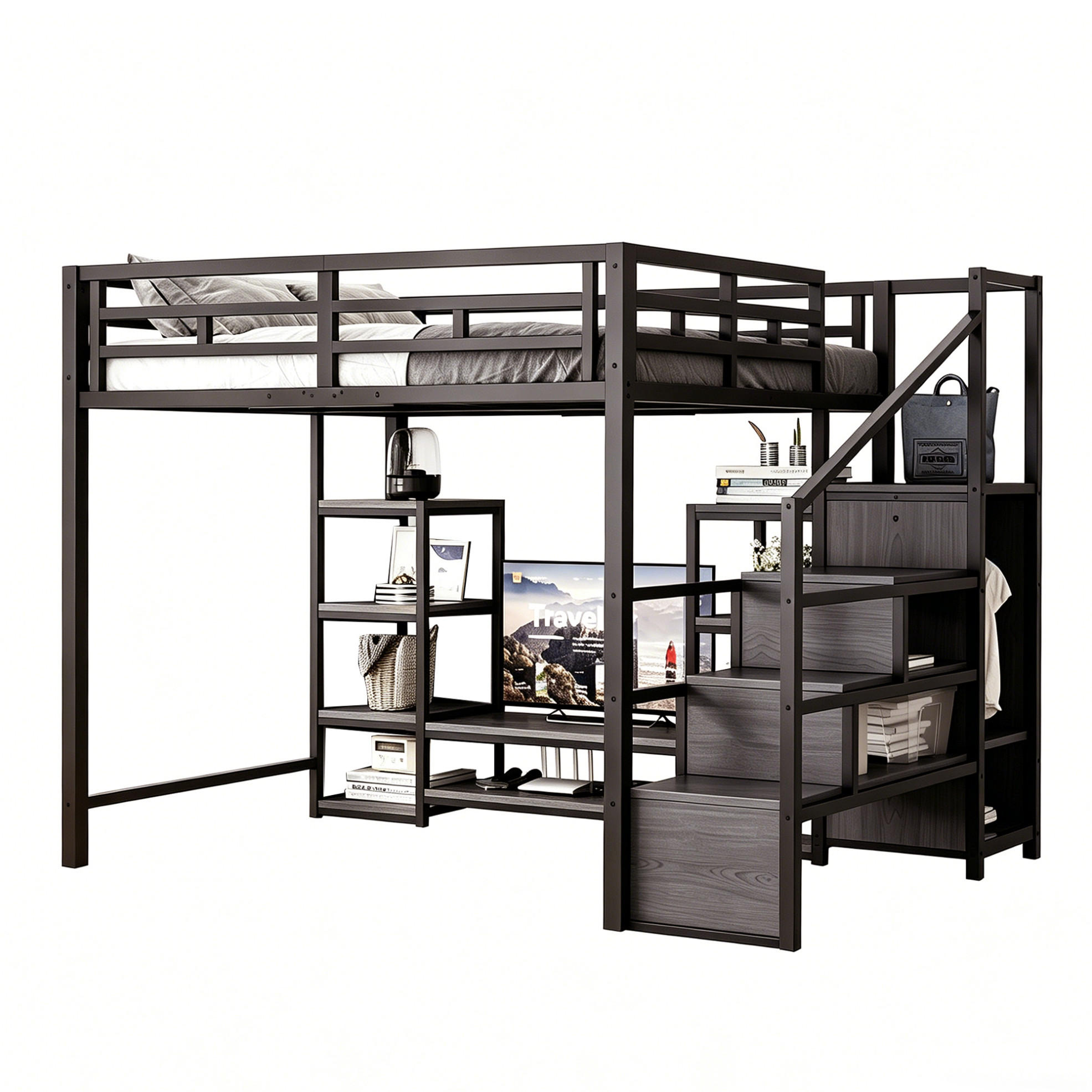 HOCHBETT mit TV-Ständer, Steckdose und Leiter, schwarz, 140/200 cm - Schwarz, Metall (140/200cm) - MIVRAY