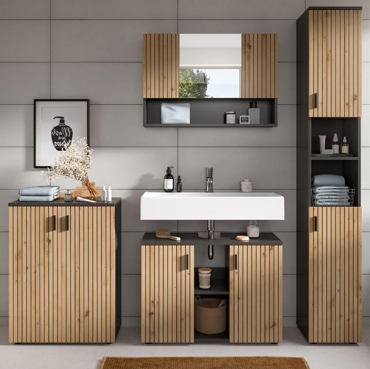 BADMÖBEL-SET Eiche Artisan, grau 4-teilig 200 cm, Badkombination mit viel Stauraum - Schwarz/Eiche Artisan, Glas/Holzwerkstoff (200/192/30cm) - Inn.Furn