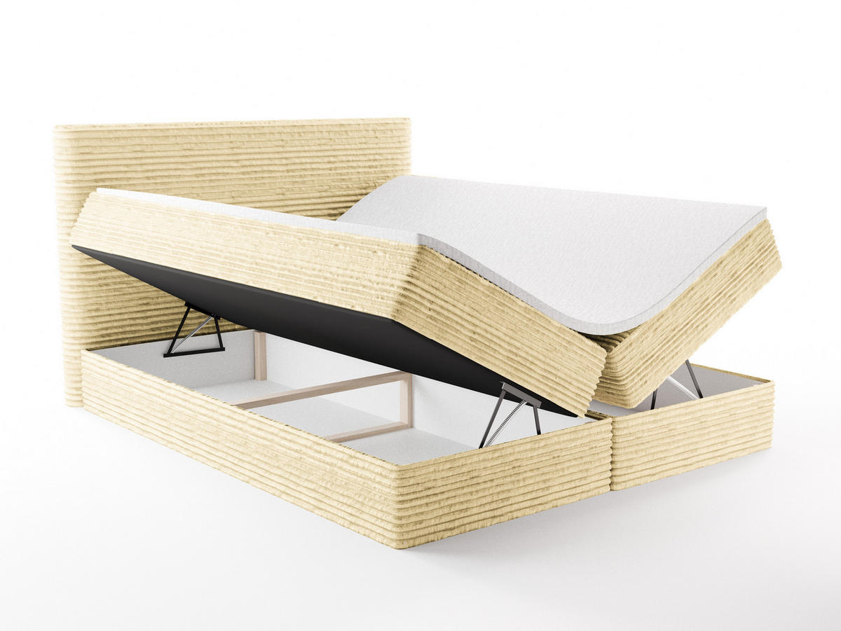 BOXBETT RAVENO mit Bettkasten 160x200 cm inkl. Bonell-Federkernmatratze H3 und Topper – Polsterbett Stoff ASTI Beige - Beige, Textil (160/200cm) - Luxkor24