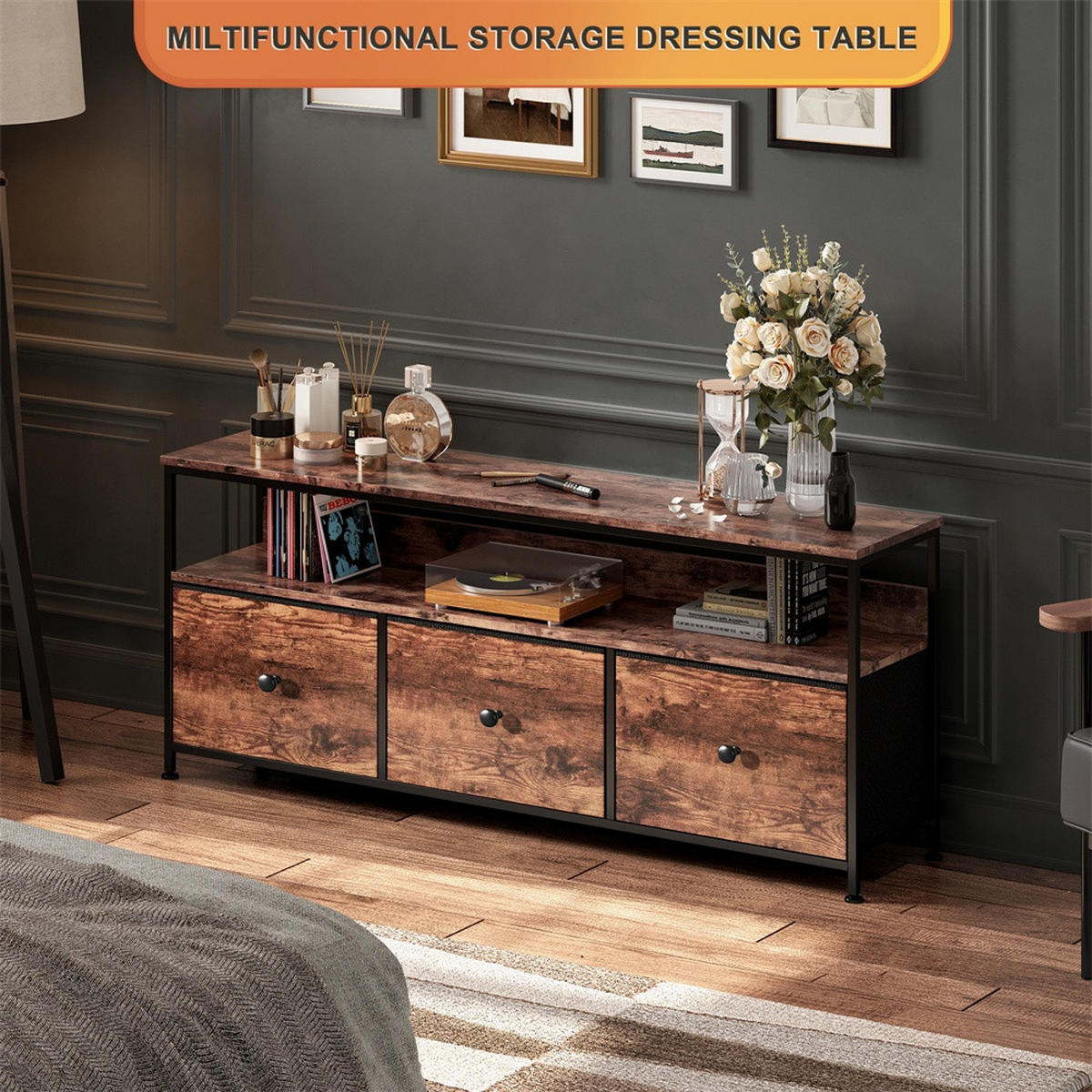 TV-LOWBOARD 137 cm - TV-Schrank mit LED-Beleuchtung und Stoffschubladen - Industrial-Stil Tigerholz-Optik und Schwarz - Braun, Holzwerkstoff (29.8/57/137cm) - DELFA