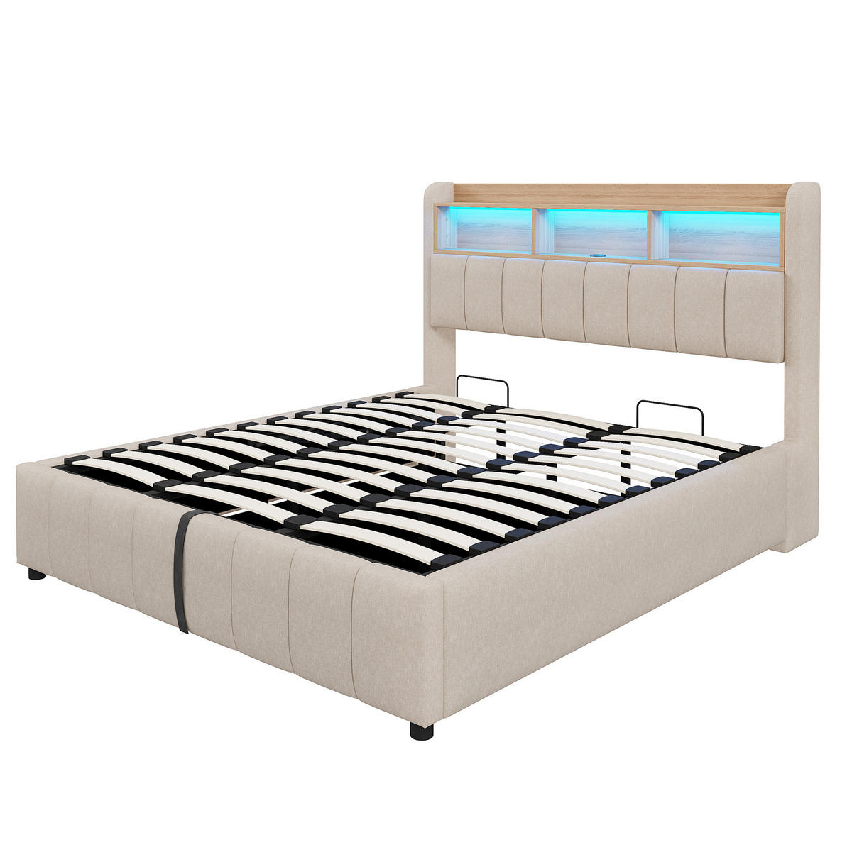 ČALOUNĚNÁ postel 180/200 cm z lněné tkaniny béžová s LED osvětlením, USB a úložným prostorem - béžová, textil (180/200cm) - BEAOK