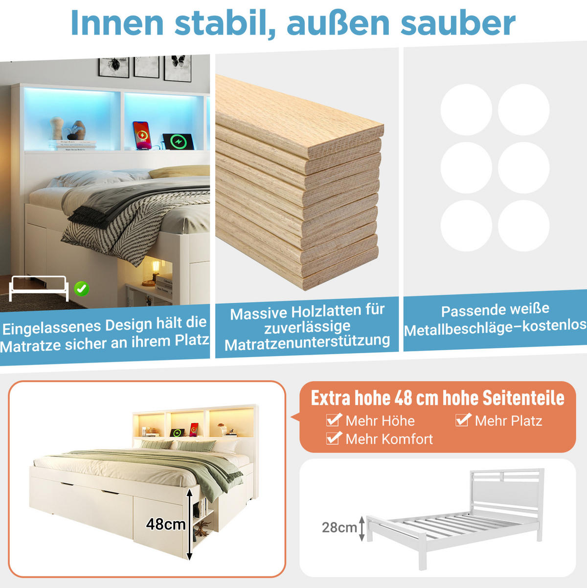 BETT 90/200 cm in Weiß mit Kopfteil, Stauraum, LED und inkl. Matratze - Weiß, Holzwerkstoff (90/200cm) - BEAOK