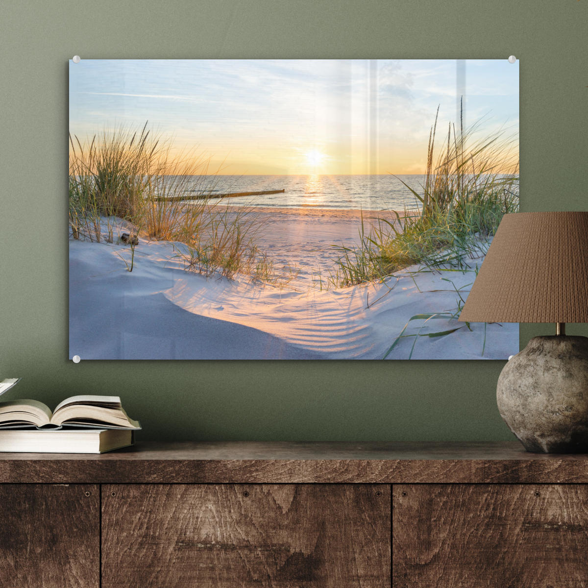 ACRYLGLASBILD Strand - Sonne - Düne - Gras - Sand - Horizont 60x40 cm - Hellblau, Glas (60/40cm) - MuchoWow
