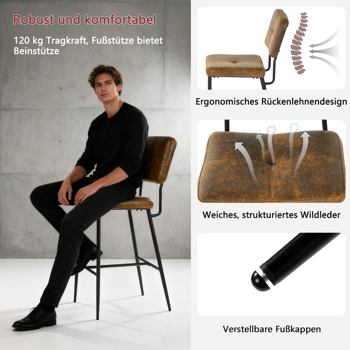 BARHOCKER 2er-Set Gepolsterte in Wildlederoptik mit Rückenlehne und Fußstütze, 69 cm Sitzhöhe - Braun, Textil/Metall (46/102/52cm) - Meubles Cosy