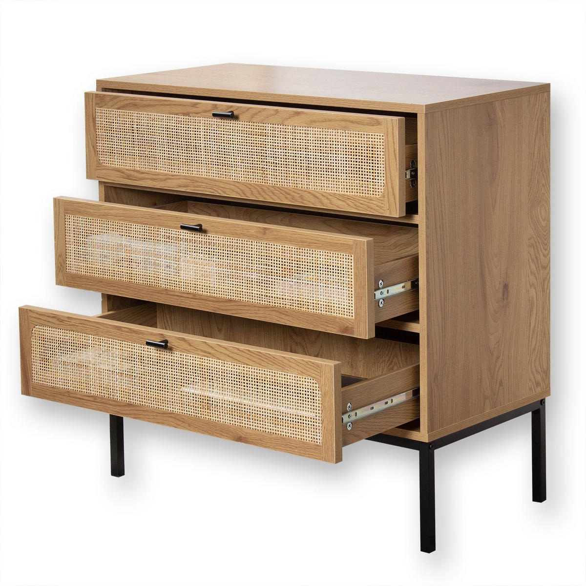 KOMMODE mit 3 Schubladen und Vorderseite aus Rattan - L80 cm - Eichefarben, Holzwerkstoff (39/79/80cm) - Calicosy