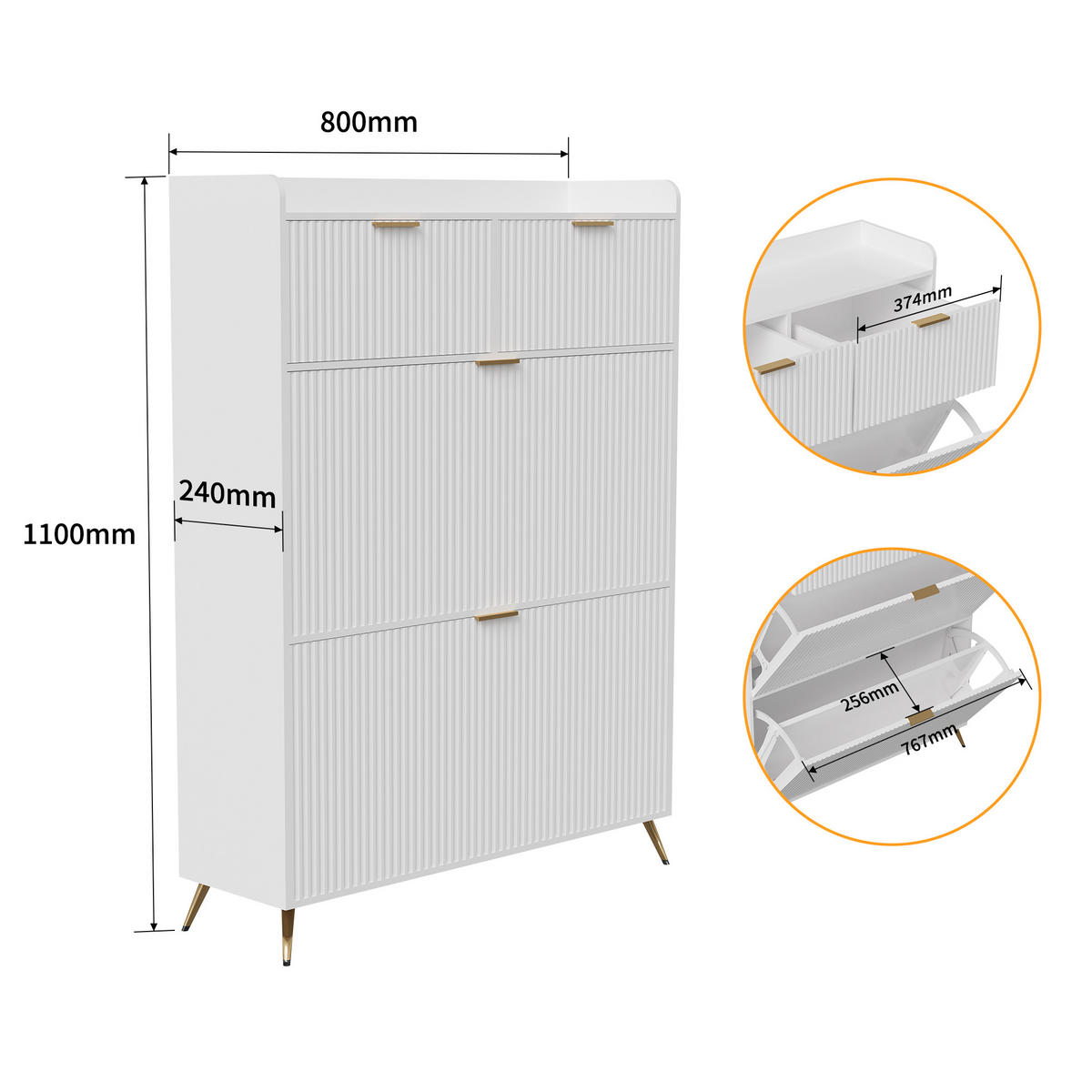 SCHUHSCHRANK 80x24x110 cm Schubladen Trennwände Metallbeine weiß - Weiß, Holz (80/110/24cm) - LEBENLANG