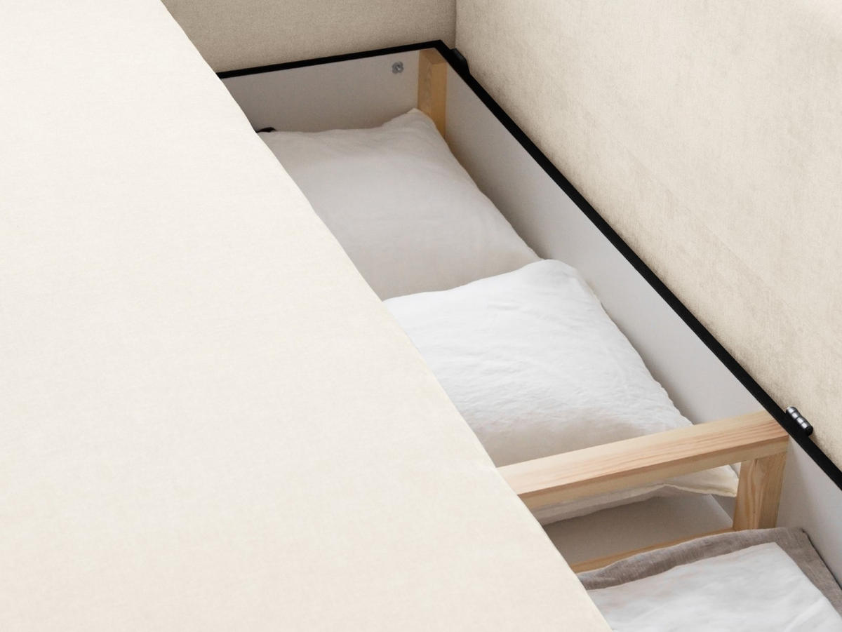 SOFA ausklappbar mit Bettkasten Elen aus strukturiertem Stoff elfenbein 3 Sitzplätze - Creme, Textil (231/86/106cm) - Micadoni