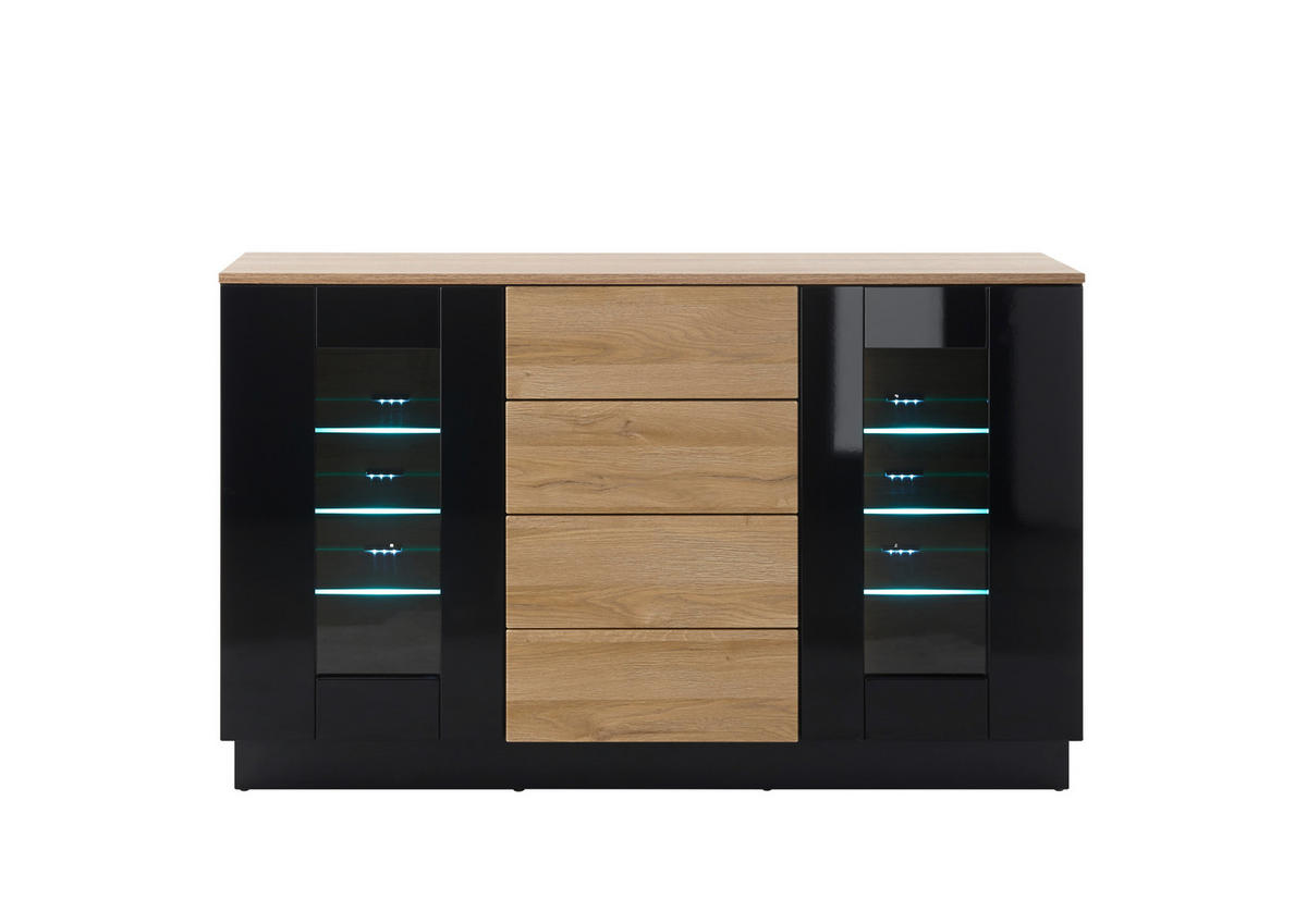 SIDEBOARD M14 Schwarz Hochglanz & Grandson Oak hell 136/85/43 cm schmal mit Glasausschnitt - Schwarz Hochglanz, Holzwerkstoff (136/85/43cm) - Livojo