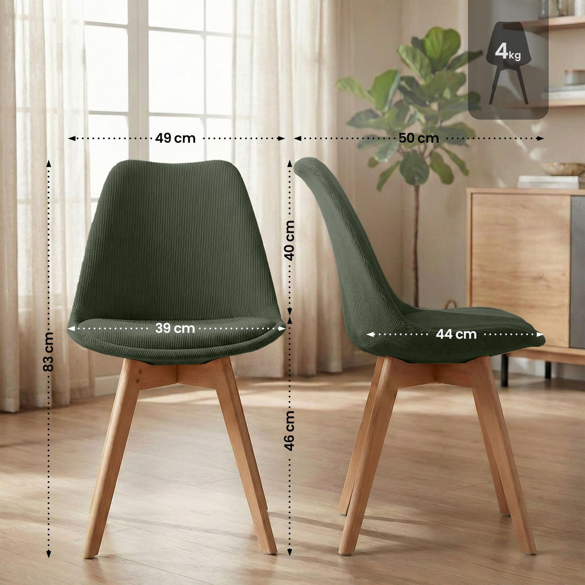 STUHL Cord Grün - Eukalyptusholzfarben/Grün, Holz/Textil (49/83/50cm) - CLP