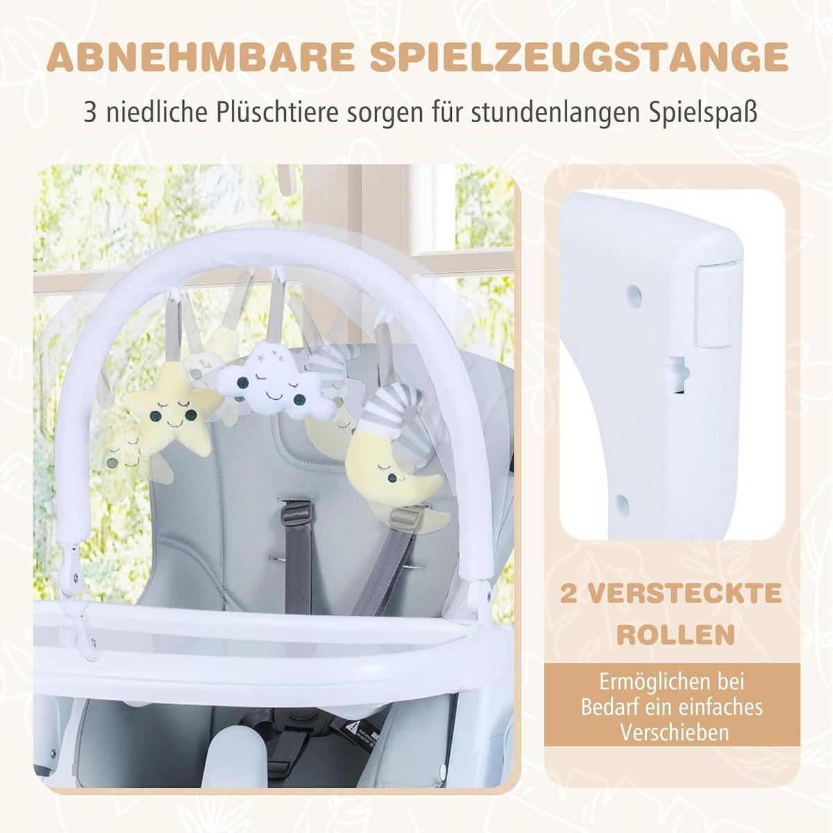 BABYSTUHL mit Spielbügel & Rollen hellgrau - Hellgrau, Metall (72/90.5/54cm) - COSTWAY