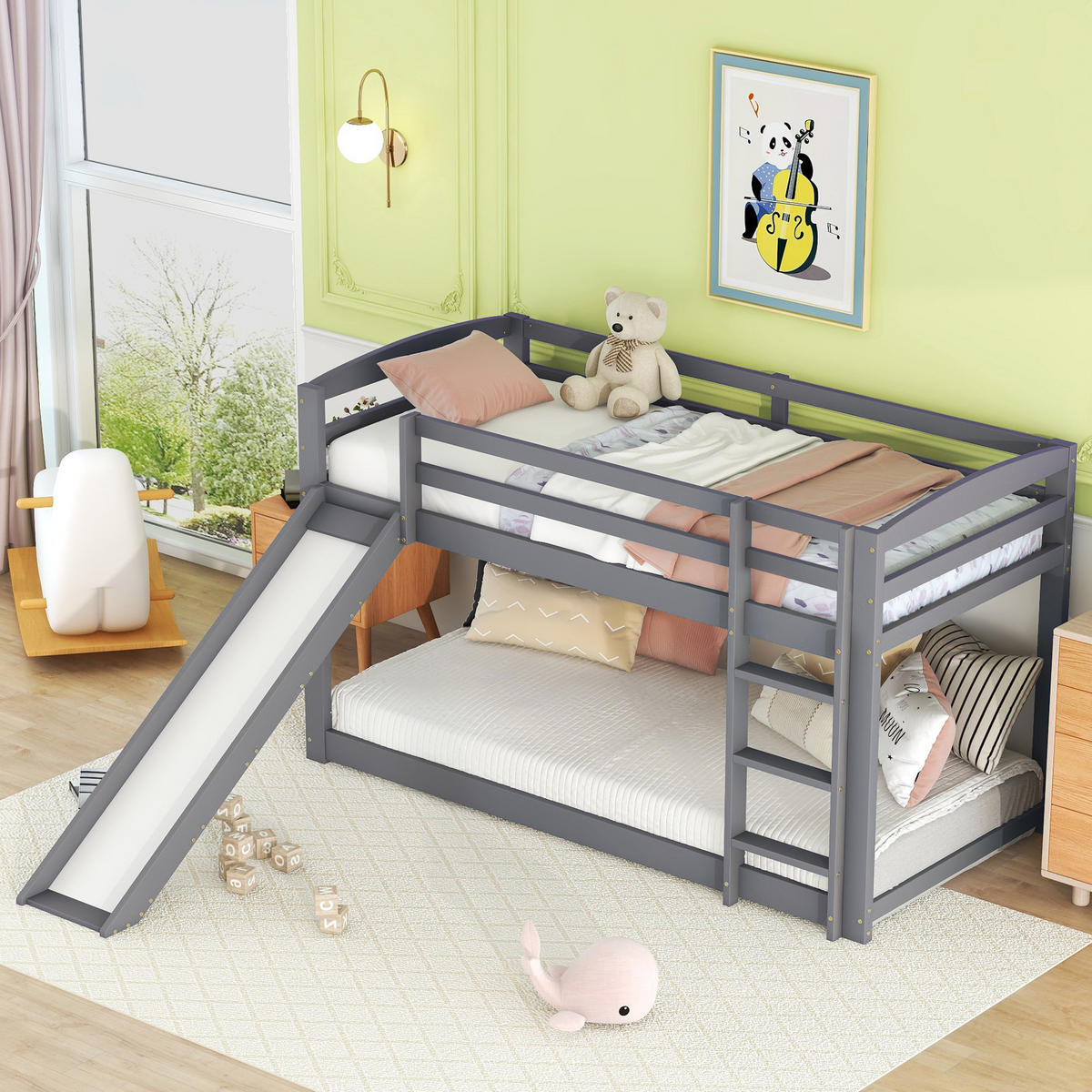 ETAGENBETT 90x200cm Grau für Kinder mit Rutsche Massivholz - Weiß, Holz (90/200cm) - FLIEKS