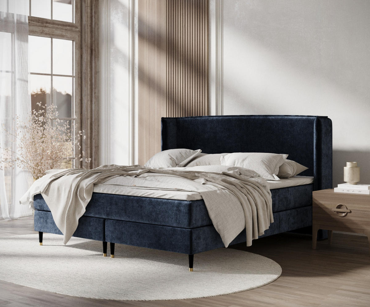 KONTINENTALBETT Ardis Marineblau 200/200 cm mit Matratze und Topper - Schwarz/Dunkelblau, Holz/Holzwerkstoff (200/200cm) - Maison de Reve