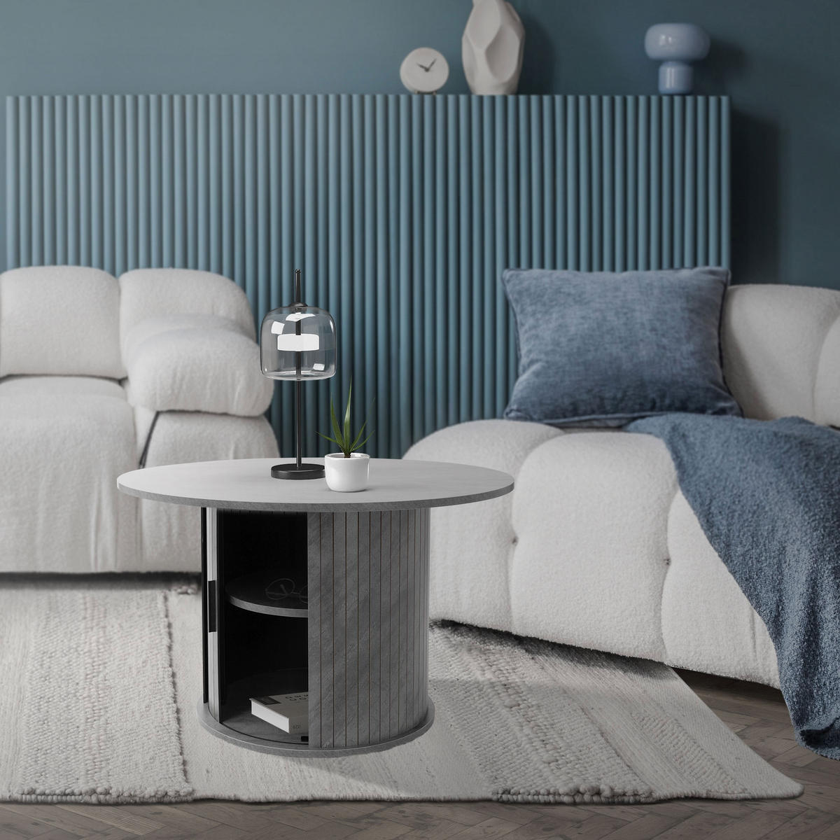 COUCHTISCH mit Schiebetür und Stauraum rund Ø80x50 cm Beton-Optik Grau - Grau, Holz (80/80/50cm) - ML-DESIGN
