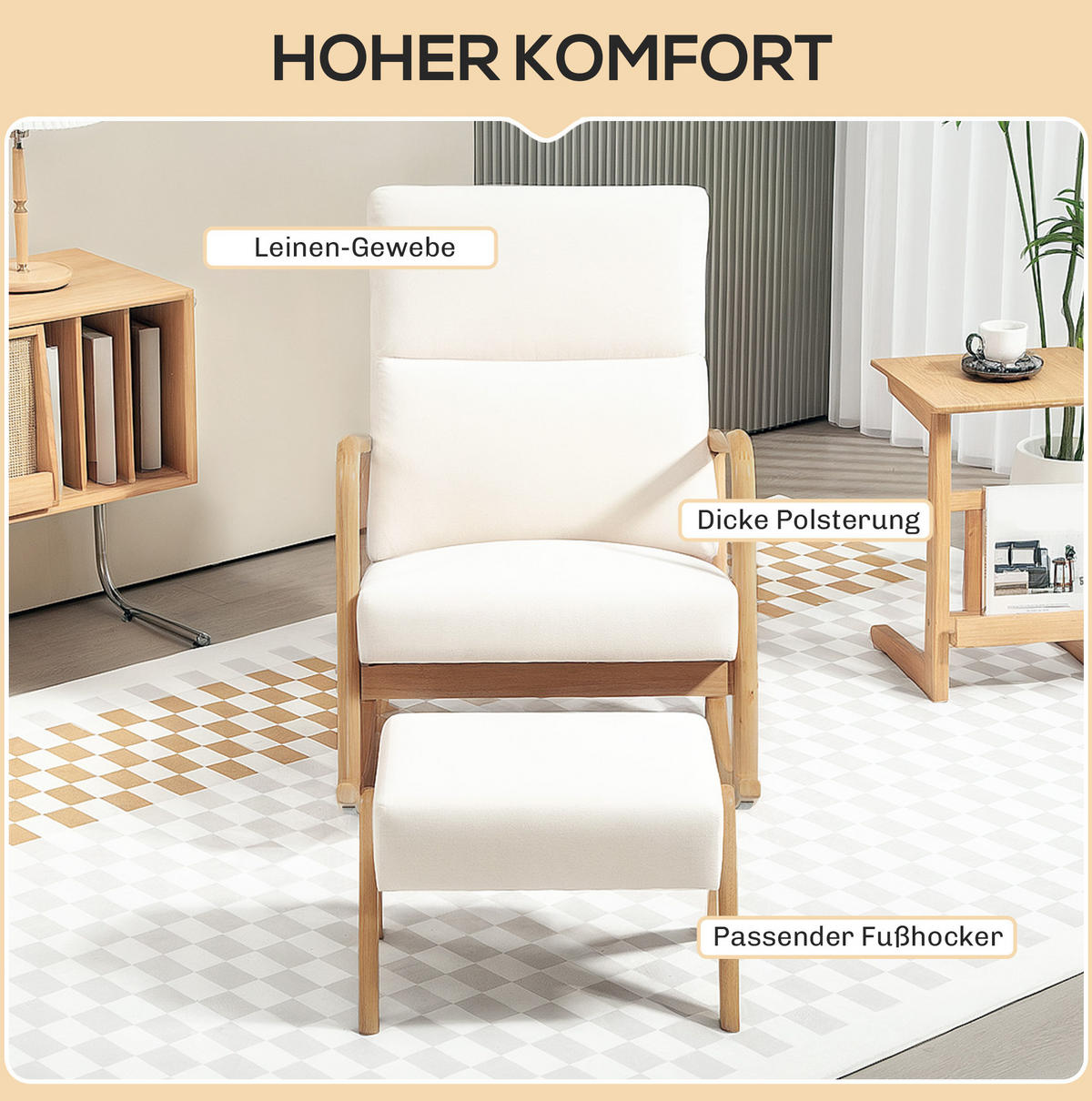 SCHAUKELSTUHL 65/96/94,5 cm in Cremeweiß mit Hocker und Holzgestell - Creme, Textil (65/94.5/96cm) - Flora Grace