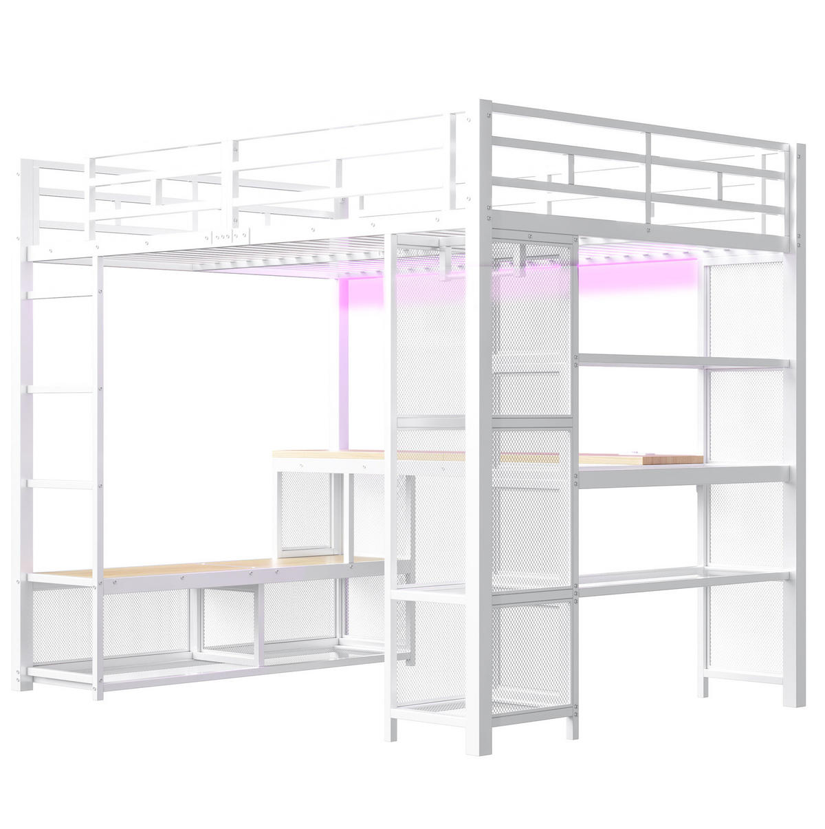 HOCHBETT 140x200 cm in Weiß mit Schreibtisch, offenem Kleiderschrank und LED-Beleuchtung - Weiß, Holzwerkstoff (140/200cm) - IVMEU