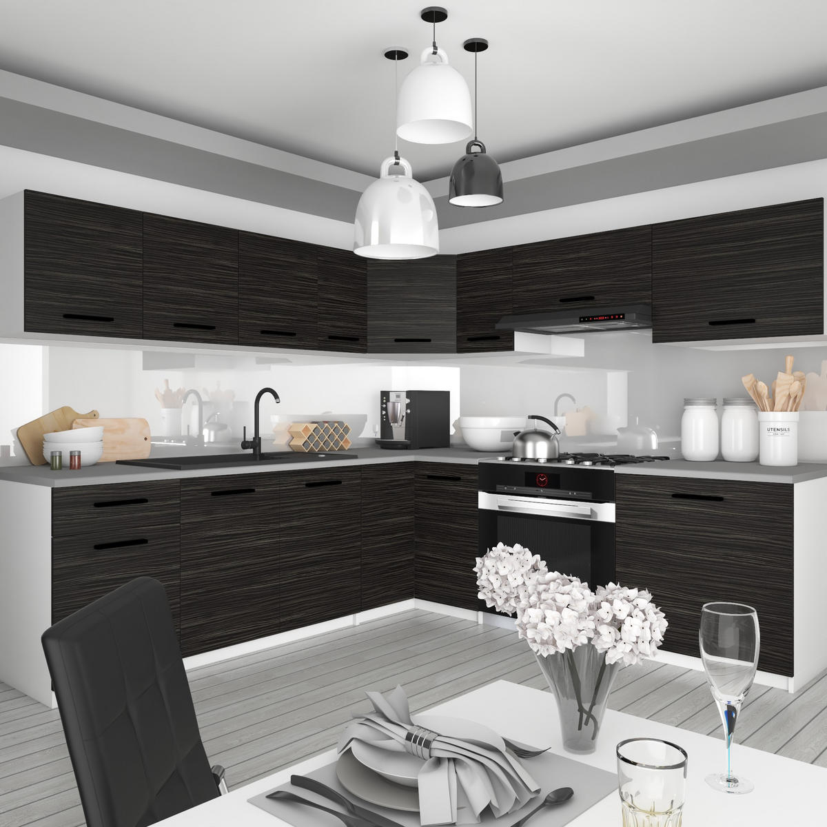 KÜCHENZEILE Italia 7 420 cm , mit Arbeitsplatten, Ebenholz - Schwarz, Holz (420/143/60cm) - B BELINI GROUP